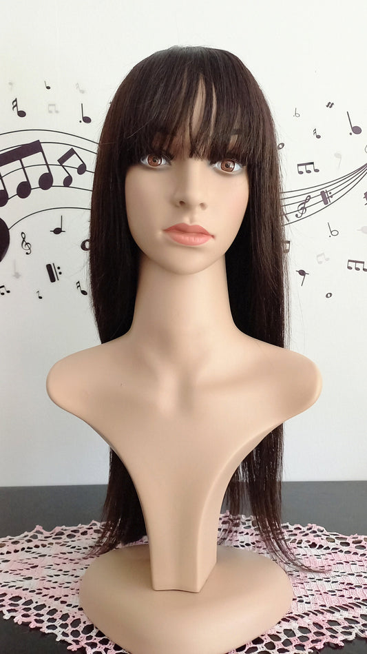 Long Straight Black Brown Human Hair Wig with Bangs