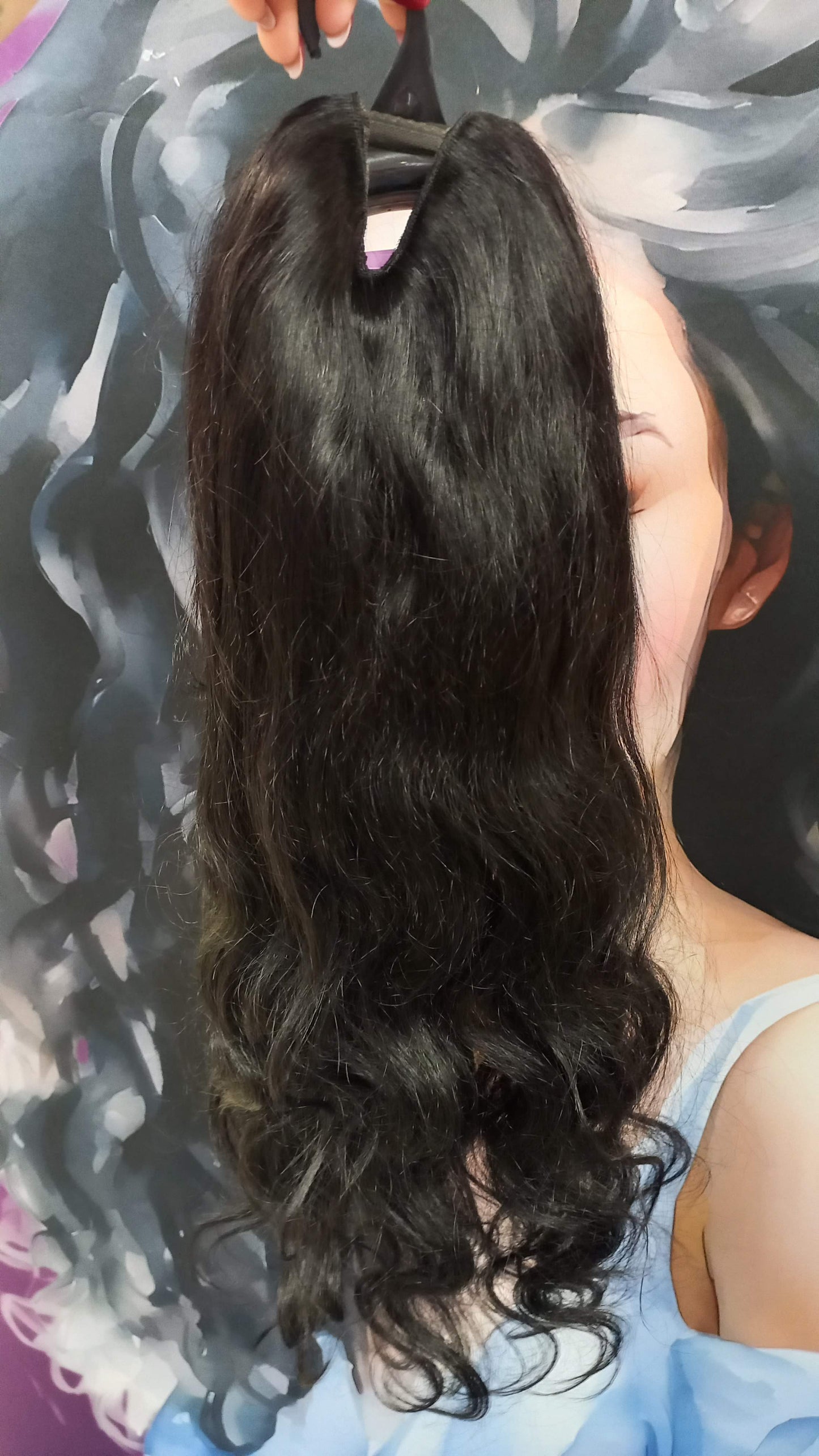 V-Part Körperwelle Echthaar Perücke Schwarzbraun