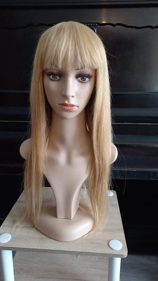 Long human hair wig light blonde with bangs