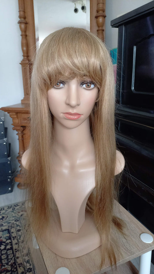 Long human hair wig gold blonde with bangs