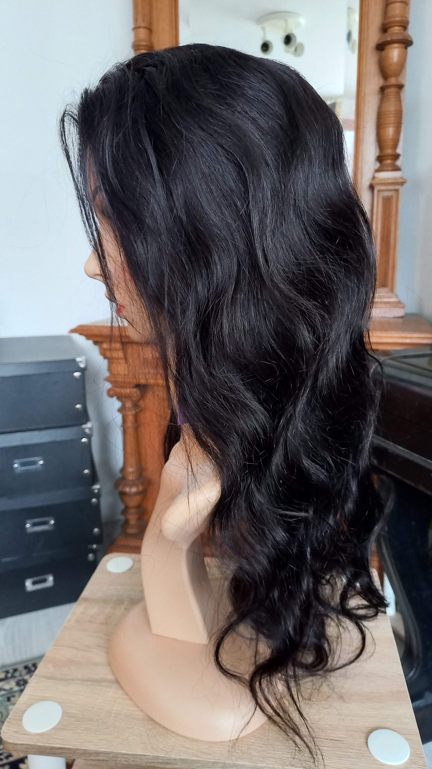 Körperwelle leimlose Echthaar Perücke Schwarzbraun 5x5