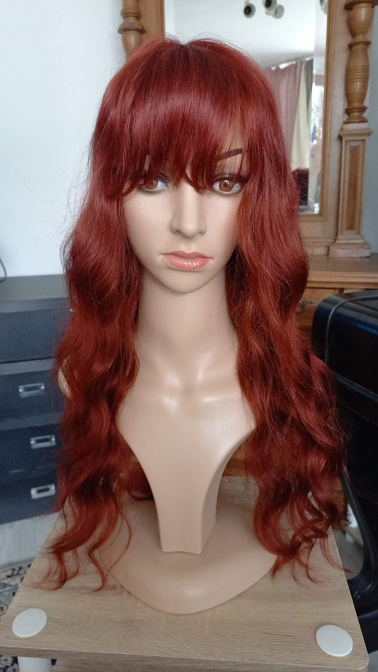 Body Wave Reddish Brown Human Hair Wig with Bangs