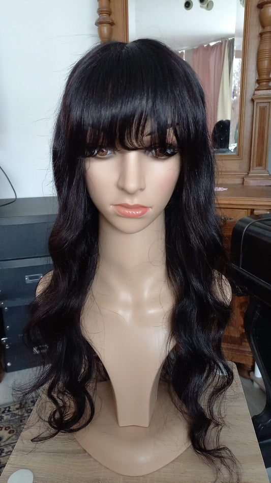 Body Wave Black Brown Human Hair Wig with Bangs