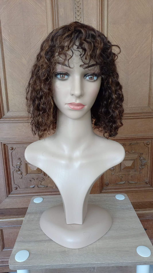 Bob Curly Dark Brown Human Hair Wig with Bangs