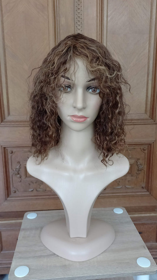 Bob Curly Medium Blonde Human Hair Wig with Bangs