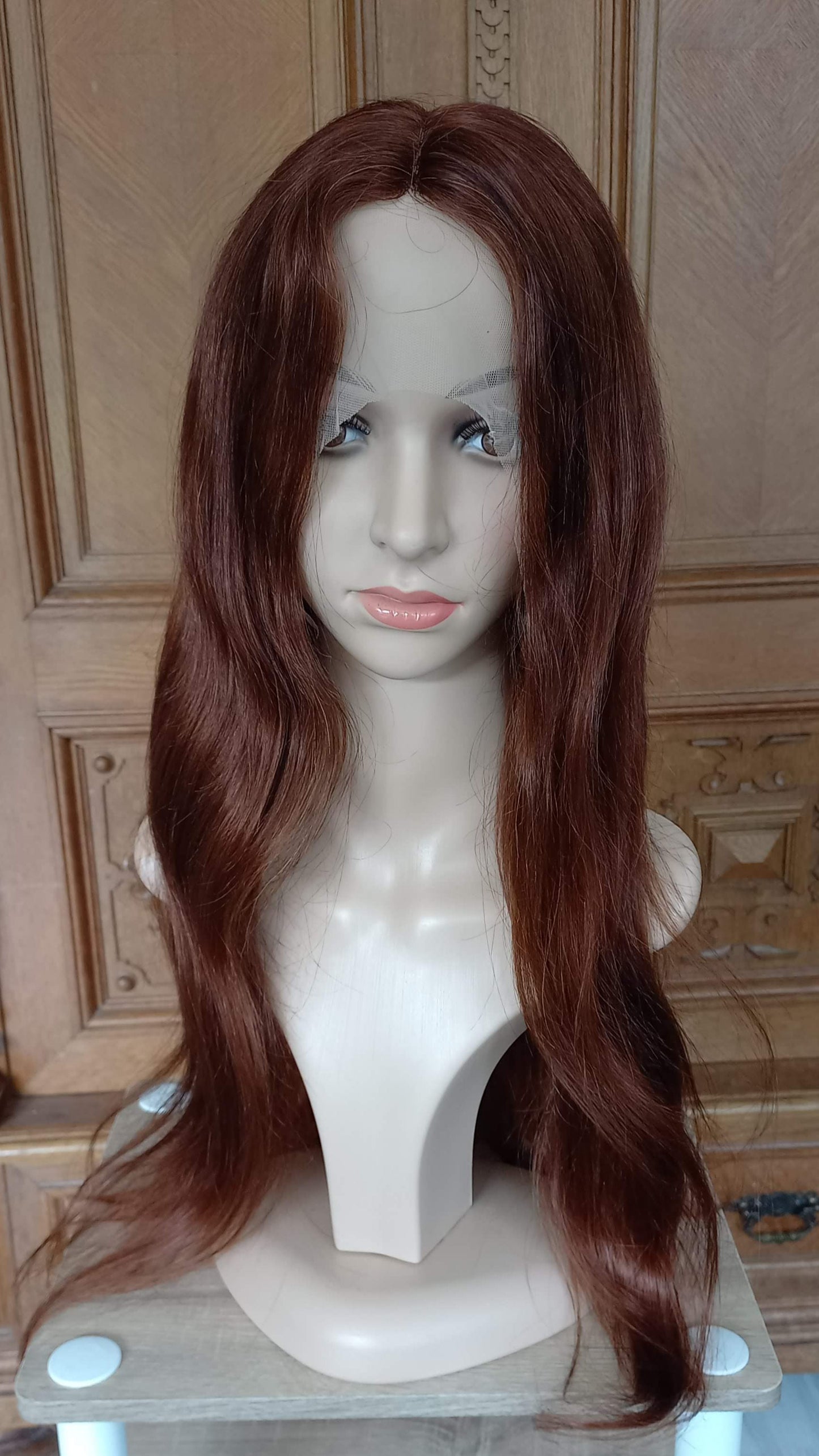 Parrucca di capelli umani lisci con riga a T, castano cioccolato