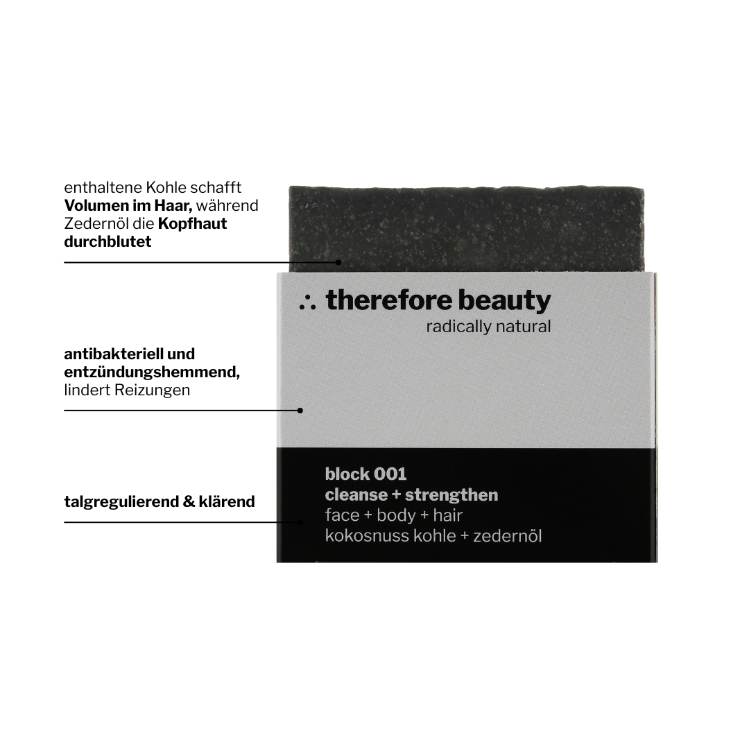 Seife block 001 | bei unreiner, fettiger Haut | bei fettigem Haar | mit Aktivkohle + Zedernöl