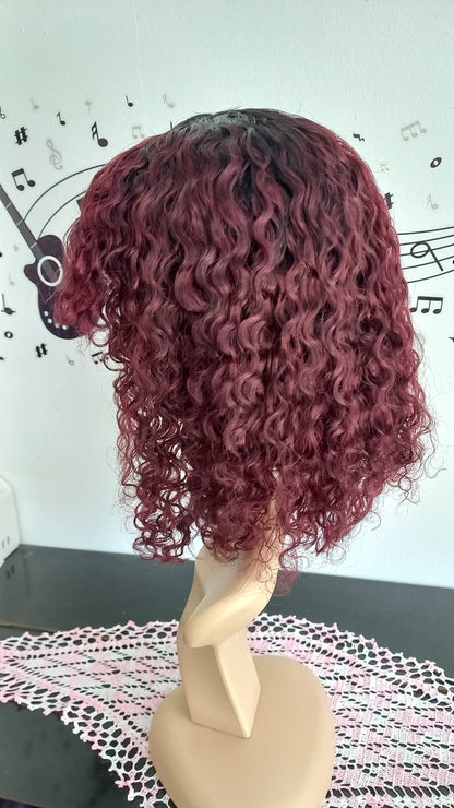 Bob Curly Burgundy Human Hair Wig with Bangs