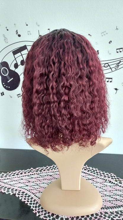 Bob Curly Burgundy Human Hair Wig with Bangs