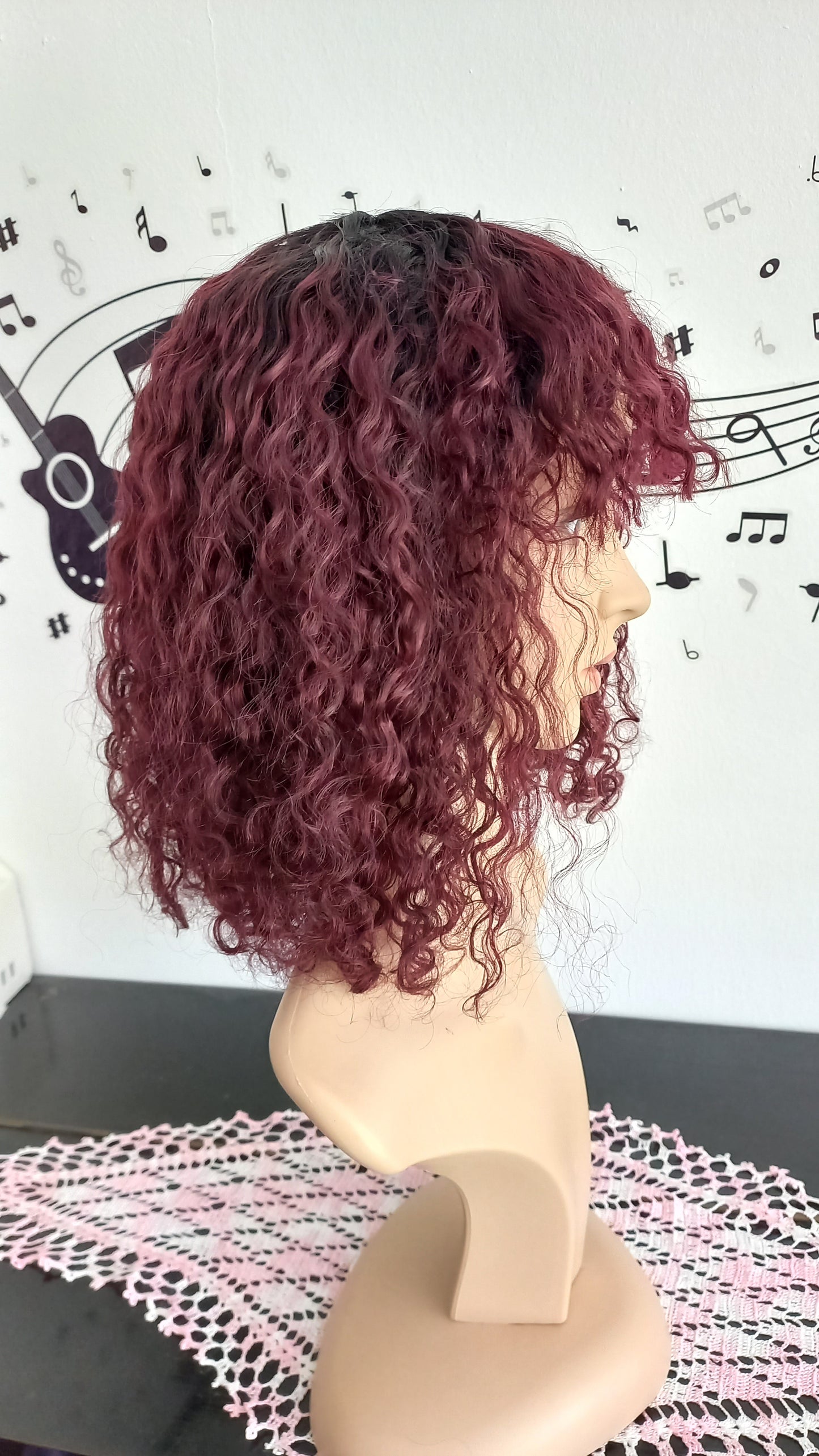 Bob Curly Burgundy Human Hair Wig with Bangs