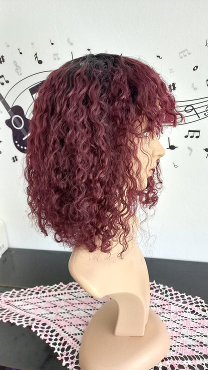 Bob Curly Burgundy Human Hair Wig with Bangs