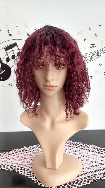 Bob Curly Burgundy Human Hair Wig with Bangs