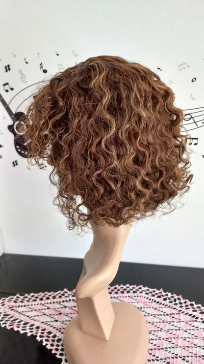 Bob Curly Medium Blonde Human Hair Wig with Bangs