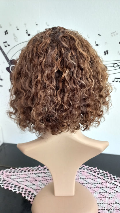 Bob Curly Medium Blonde Human Hair Wig with Bangs