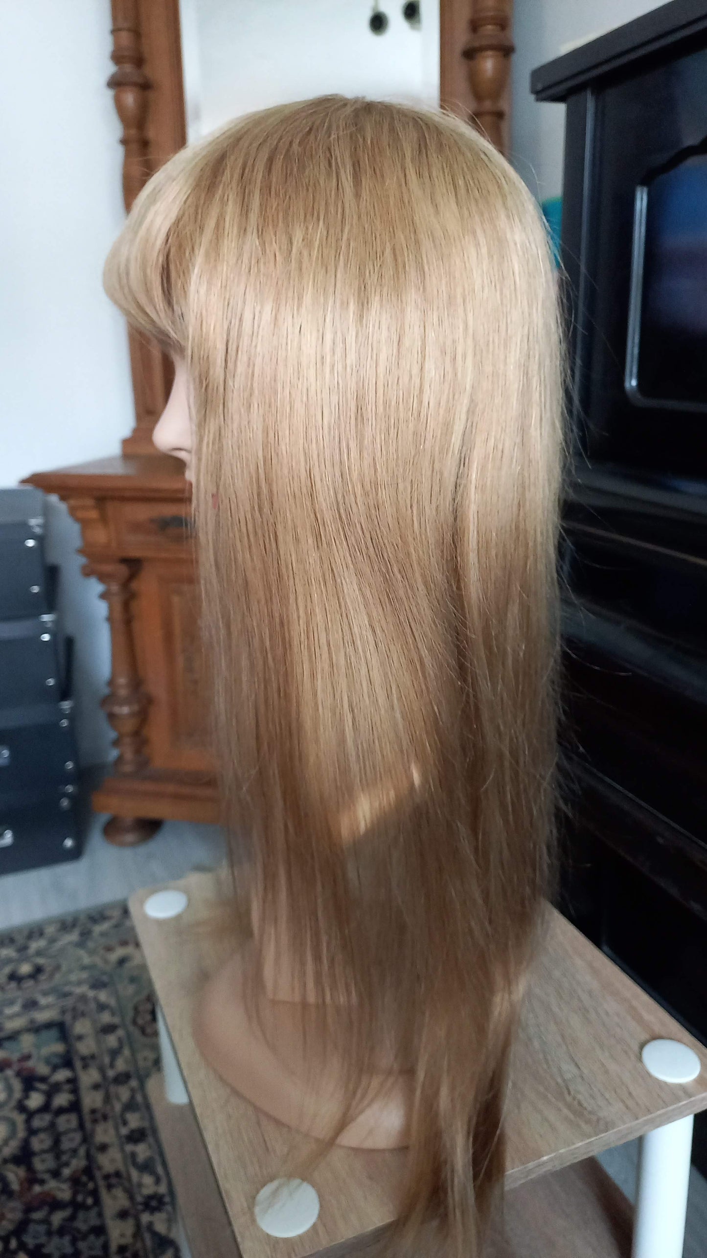 Lang Echthaarperücke Gold Blond mit Pony