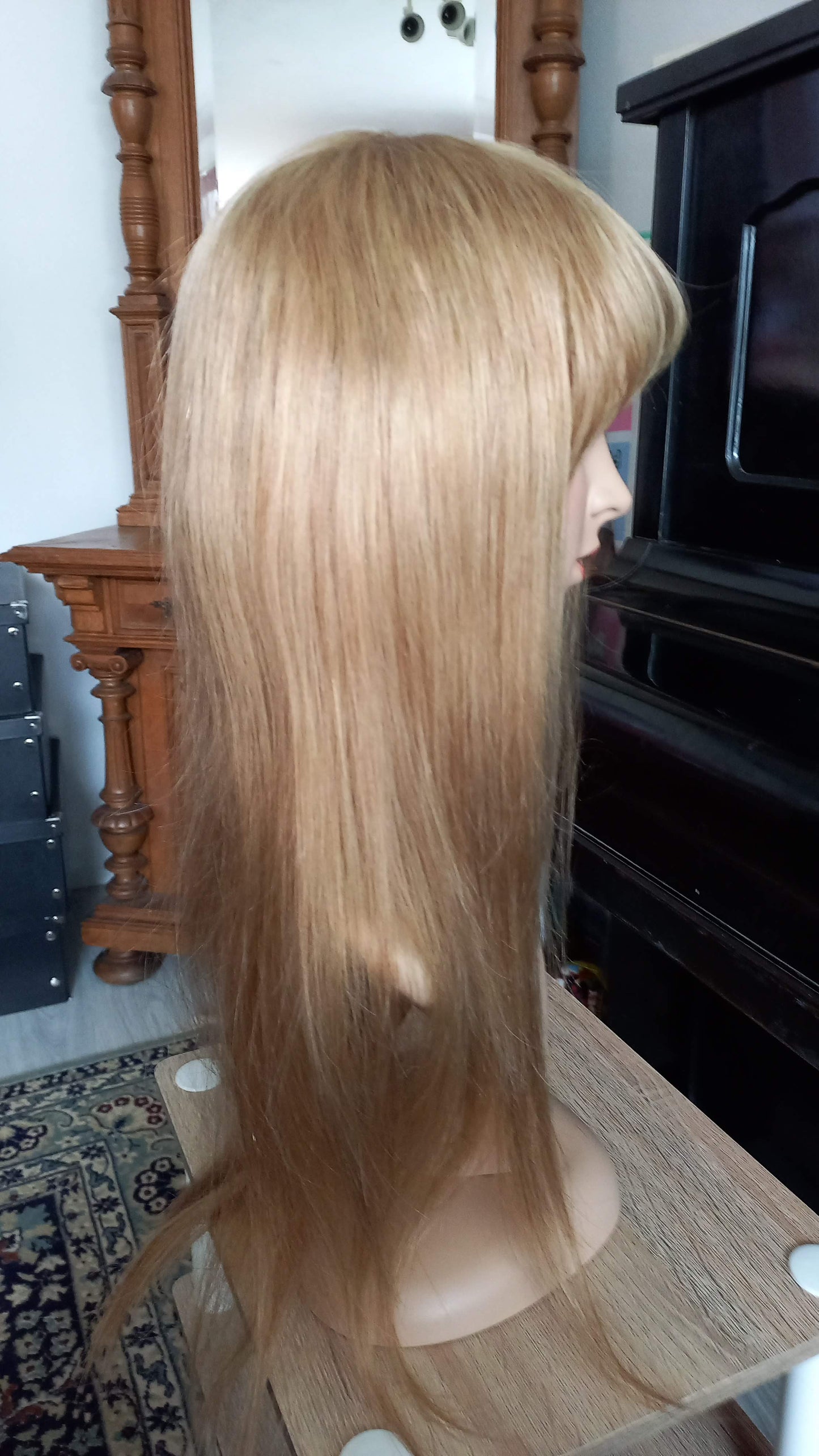 Lang Echthaarperücke Gold Blond mit Pony