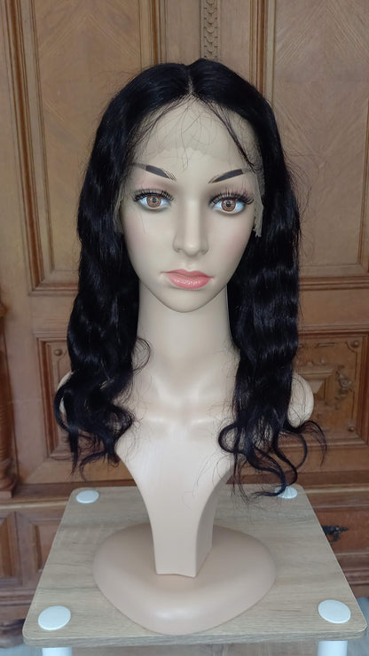 Körper Welle T-Part Echthaarperücke Schwarzbraun 45 cm