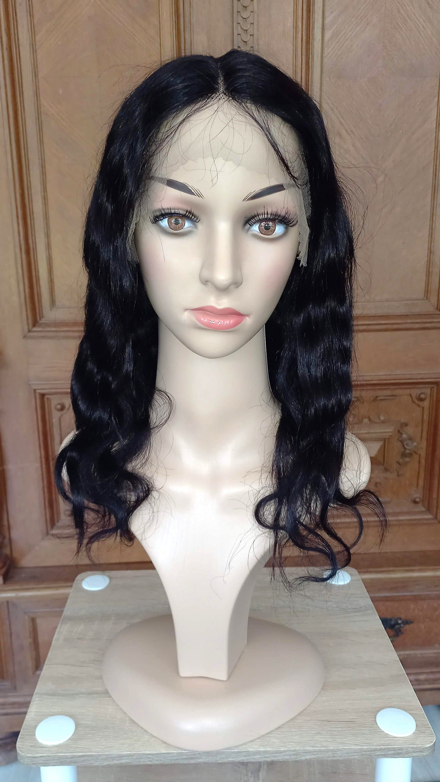 Körper Welle T-Part Echthaarperücke Schwarzbraun 45 cm