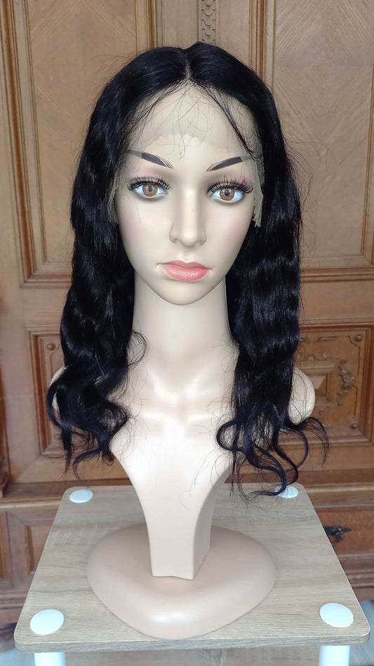 Körper Welle T-Part Echthaarperücke Schwarzbraun 45 cm