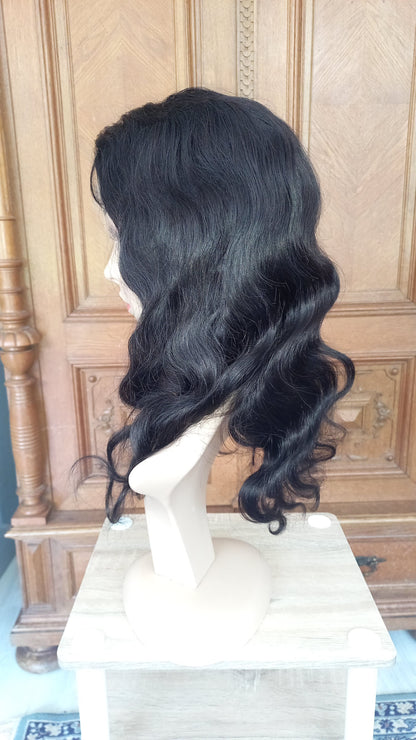 Körper Welle T-Part Echthaarperücke Schwarzbraun 45 cm