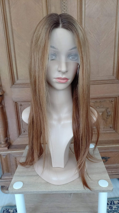 Gerade T-Part Echthaar Perücke Highlight Blond Kastanien