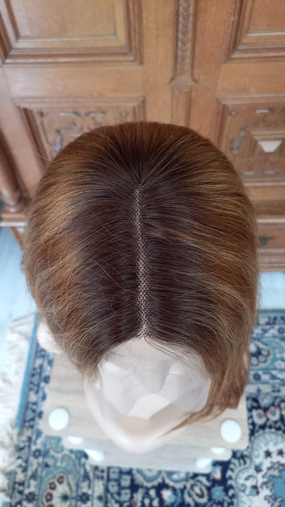 Gerade T-Part Echthaar Perücke Highlight Blond Kastanien