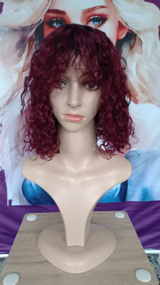 Bob Curly Burgundy Human Hair Wig with Bangs