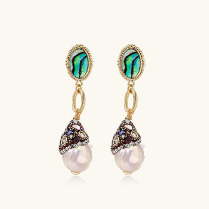 Gold-plated statement earrings with iridescent abalone shells, rope chain links, and crystal-capped baroque pearls