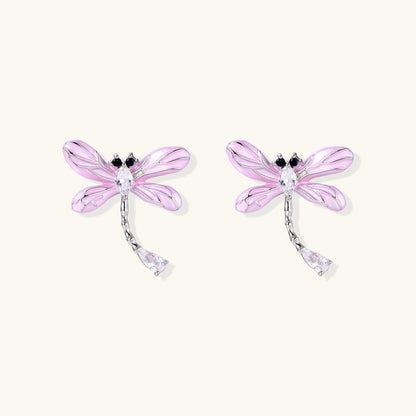 Long dangle earrings with purple dragonfly charms and crystal chains on white background, gold-plated finish.