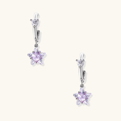 Drop earrings with purple star-shaped zirconia stones and clear teardrop accents in gold-plated brass setting