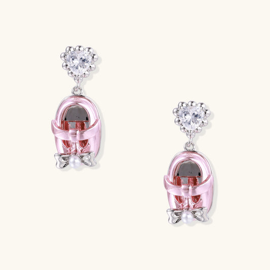 18K gold plated drop earrings with heart-shaped zirconia studs and translucent mini handbag pendants with pearl accents