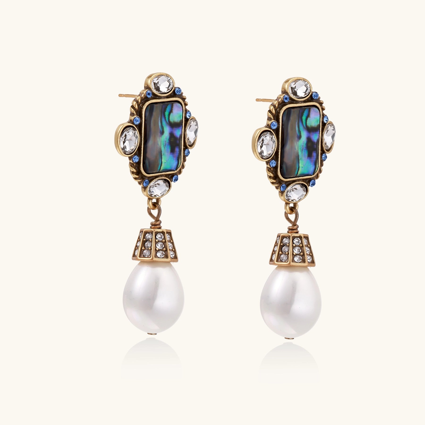 Gold-plated brass drop earrings featuring iridescent abalone shell centers, crystal accents, and white pearl drops.