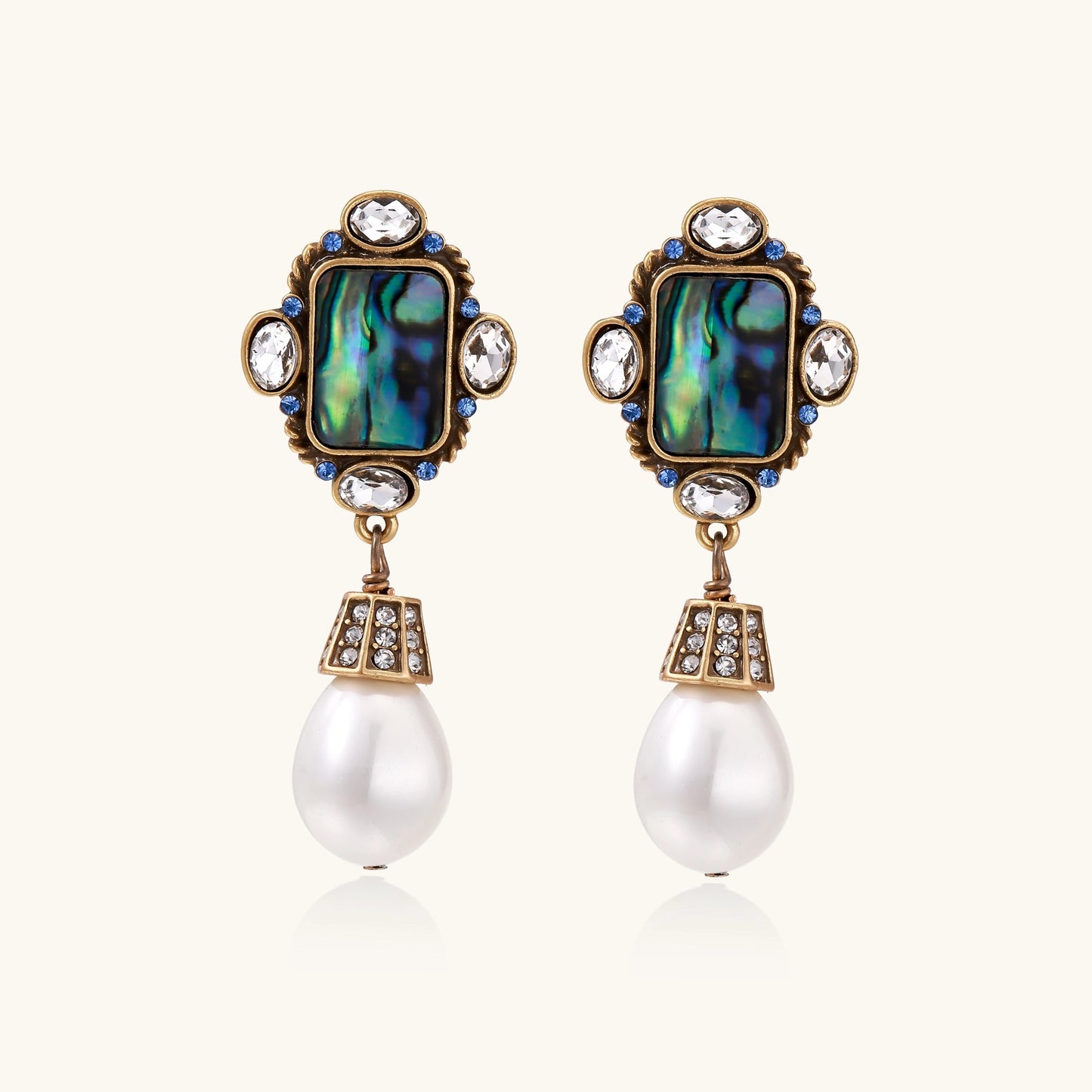 Gold-plated brass drop earrings featuring iridescent abalone shell centers, crystal accents, and white pearl drops.