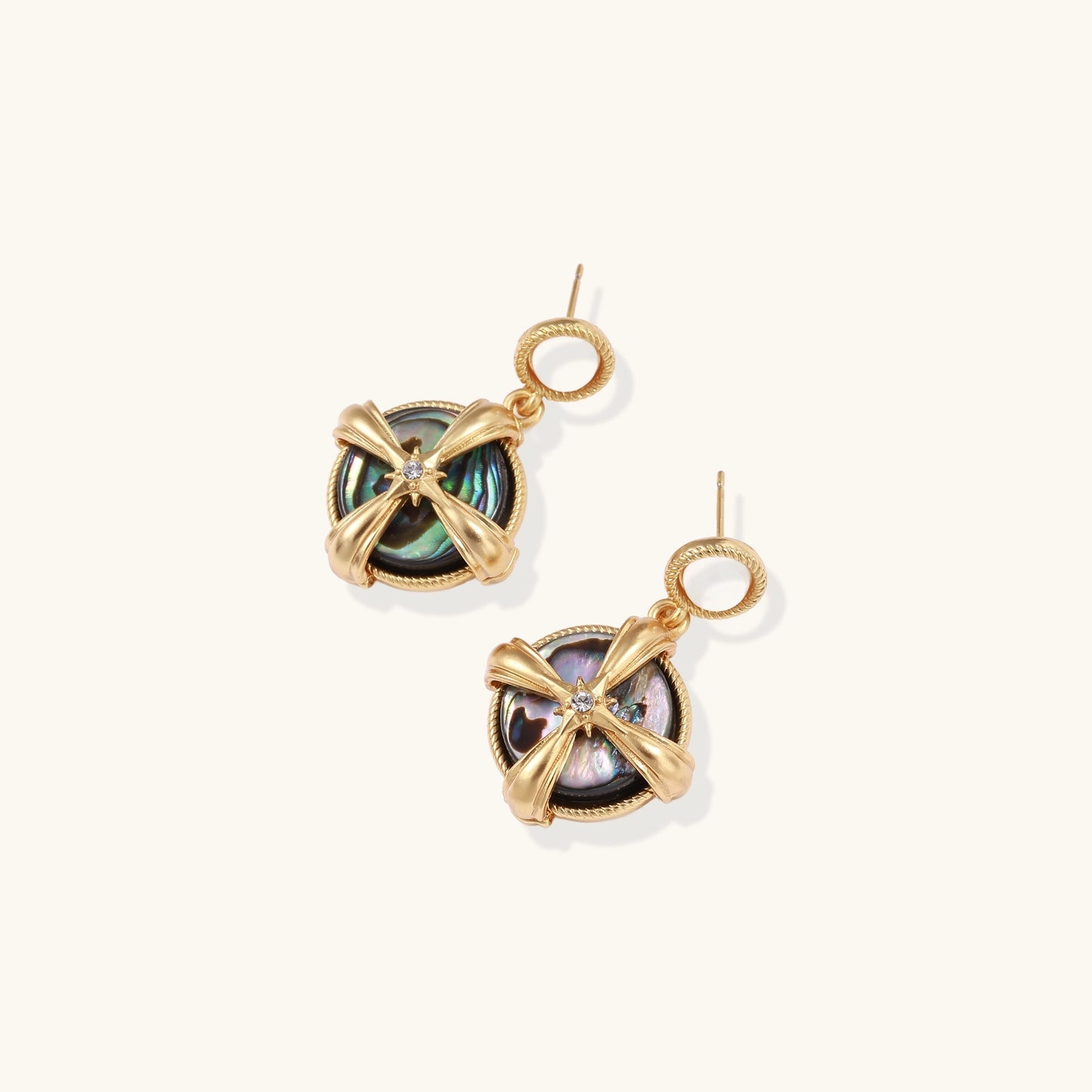 Gold-plated drop earrings with cross design framing iridescent abalone shell and pearl studs on neutral background.