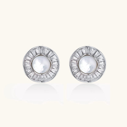 Gold-plated stud earrings with central freshwater pearl surrounded by baguette crystals in radial pattern