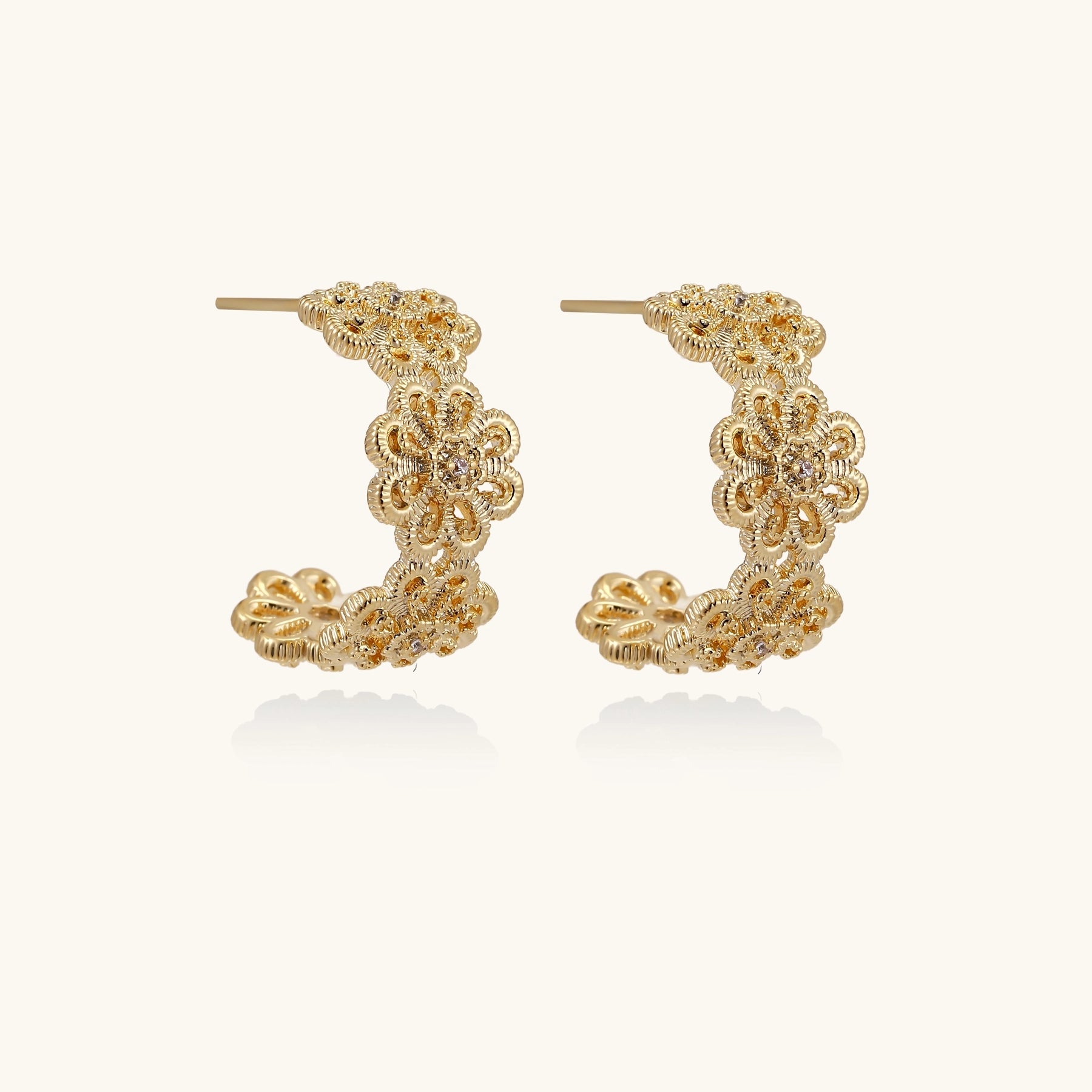 Ornate gold-plated brass hoop earrings featuring delicate floral filigree patterns and intricate rosette details.