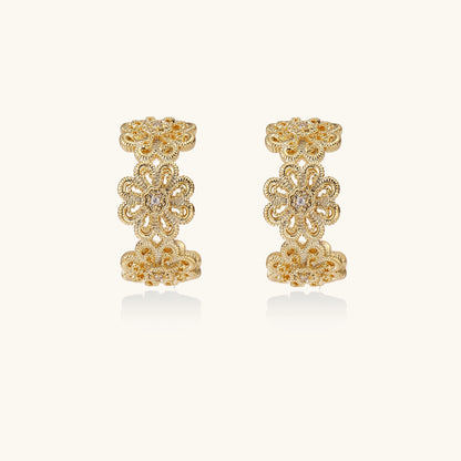 Ornate gold-plated brass hoop earrings featuring delicate floral filigree patterns and intricate rosette details.