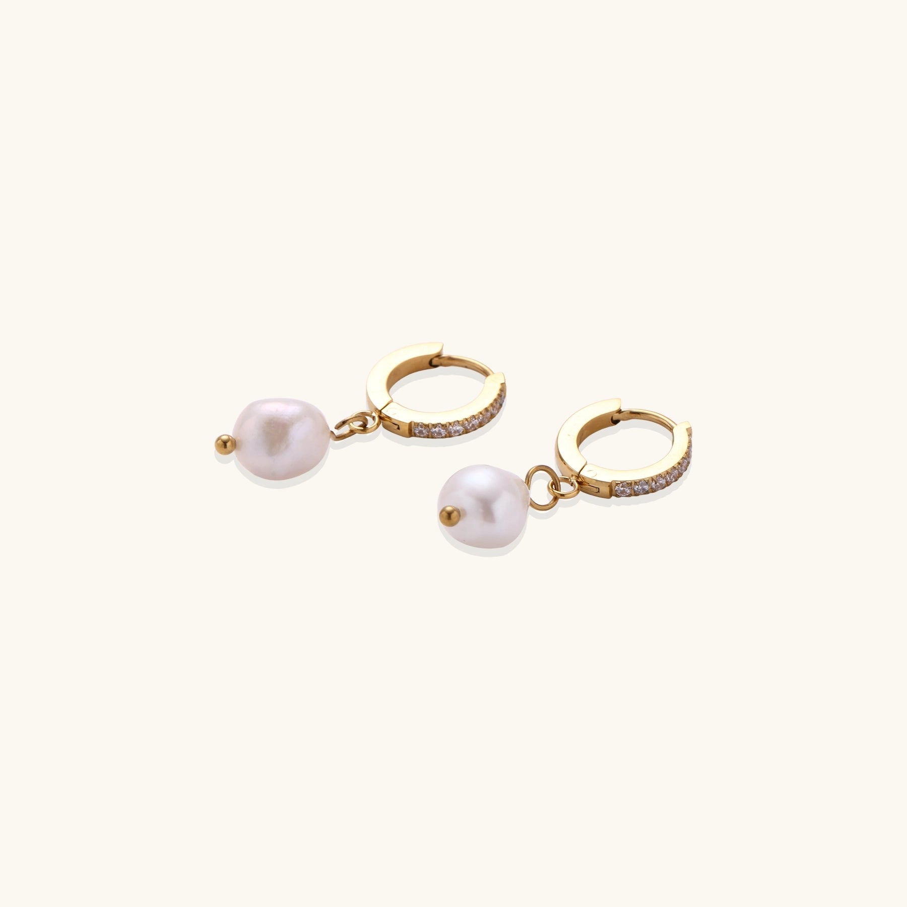 18K gold plated hoop earrings with freshwater pearl drops on neutral background, showing elegant minimalist design.