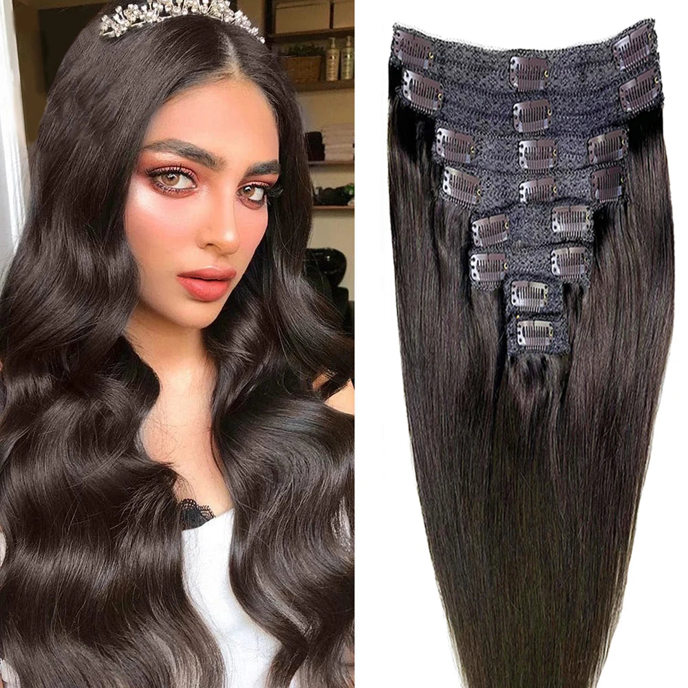 Clip in straight human hair extensions 8 pieces 