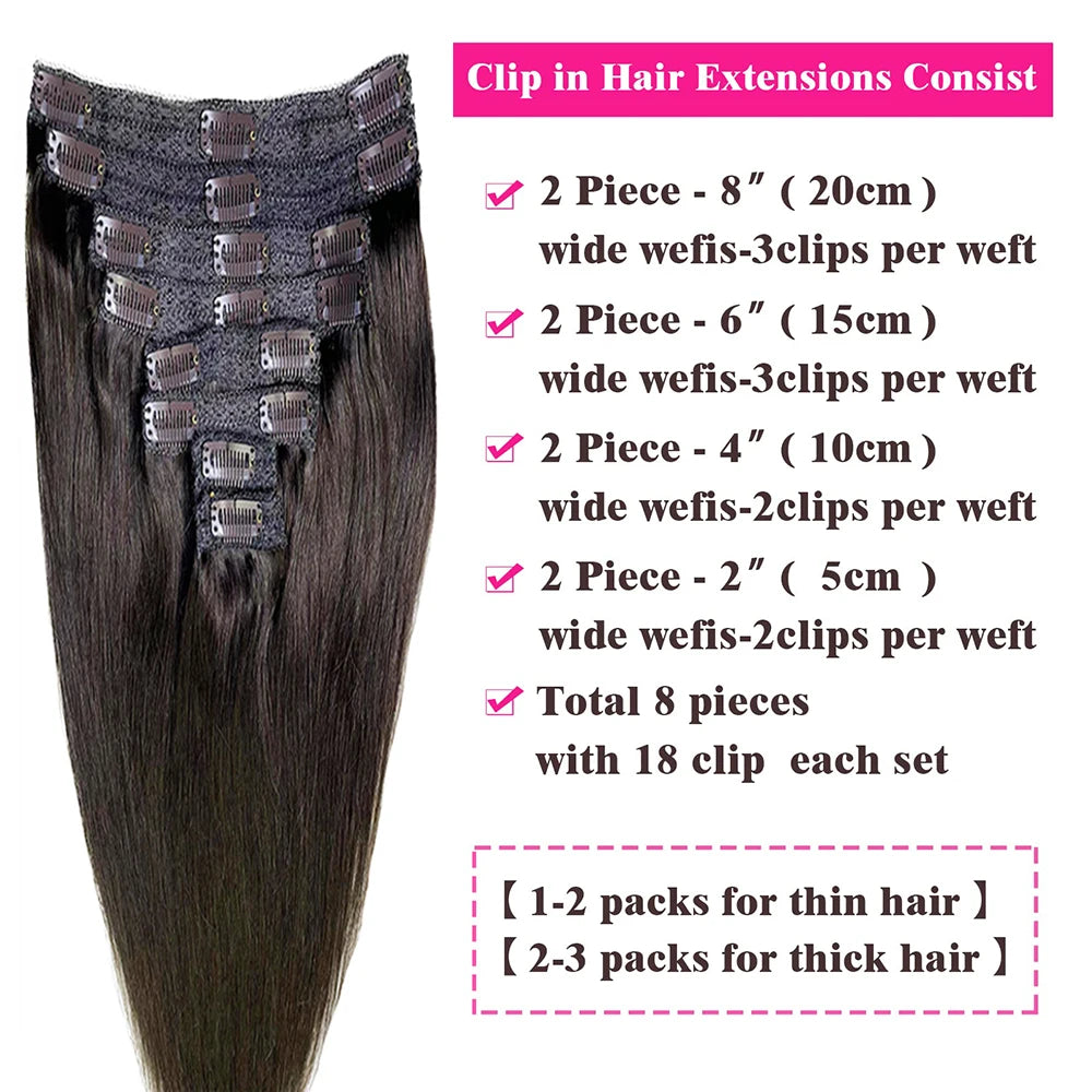 Clip in straight human hair extensions 8 pieces 