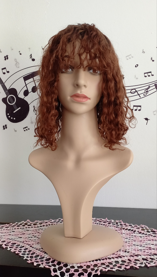 Bob Curly Medium Brown Human Hair Wig with Bangs