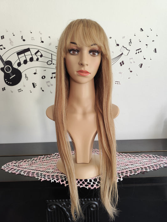 Long human hair wig ombre blonde with bangs