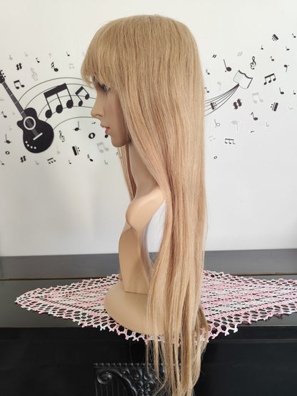 Long human hair wig ombre blonde with bangs