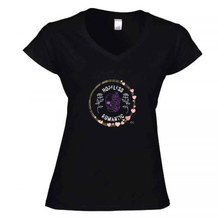 Damen-T-Shirt mit V-Ausschnitt Hopeless Romantic Skull Rose RDG