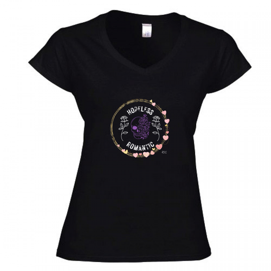 Women's V-neck T-shirt Hopeless Romantic Skull Rose RDG