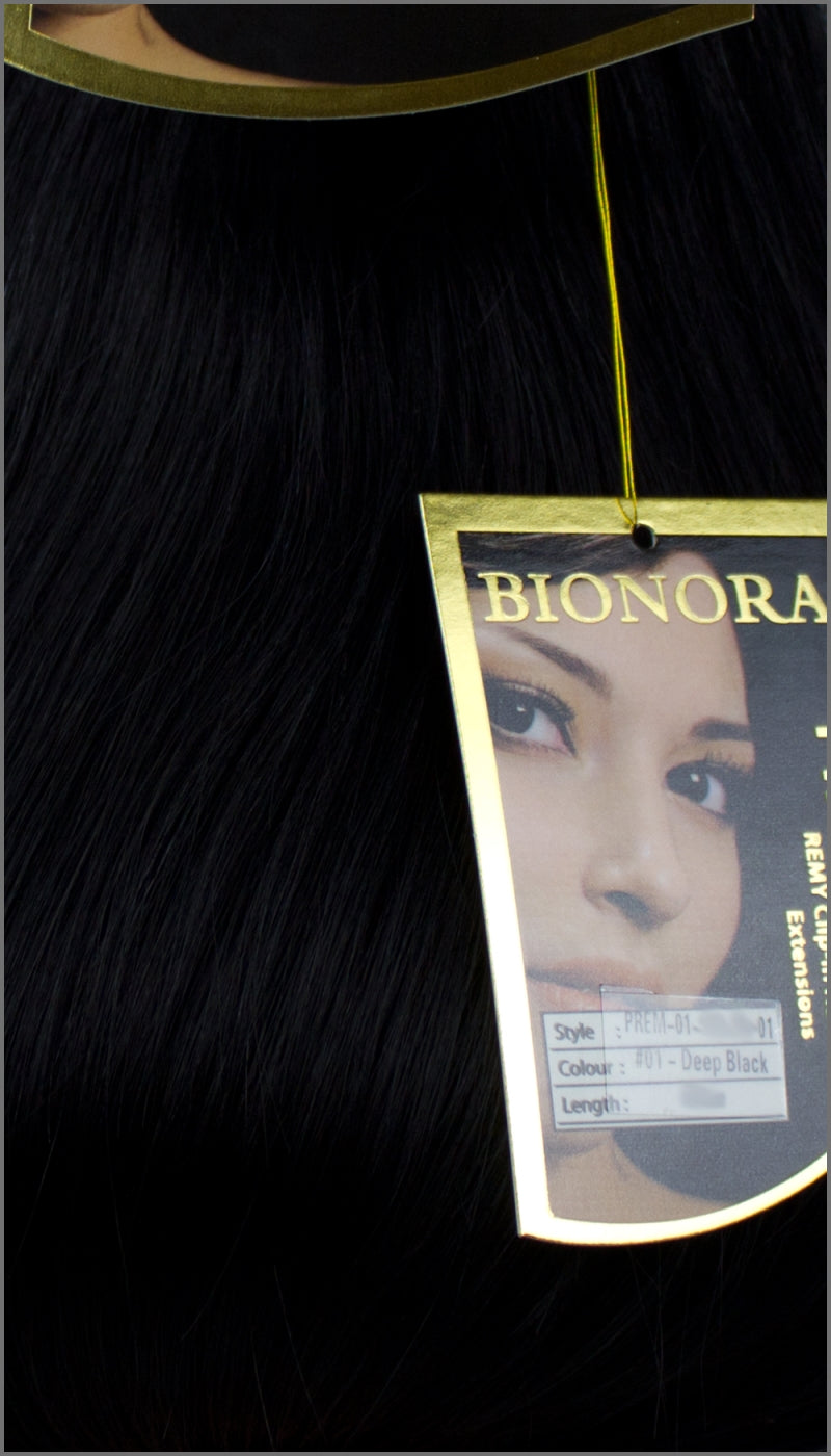 Clip-in 100% Remy Echthaar Extensions, #01, Tiefschwarz, 40 50 60+cm, 100-120Gr., BIONORA PREMIUM
