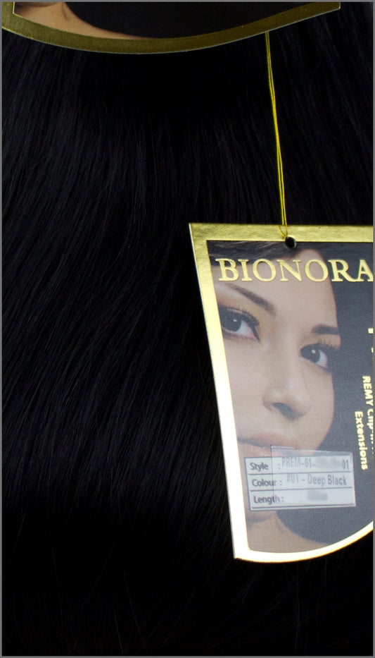 Clip-in 100% Remy Echthaar Extensions, #01, Tiefschwarz, 40 50 60+cm, 100-120Gr., BIONORA PREMIUM