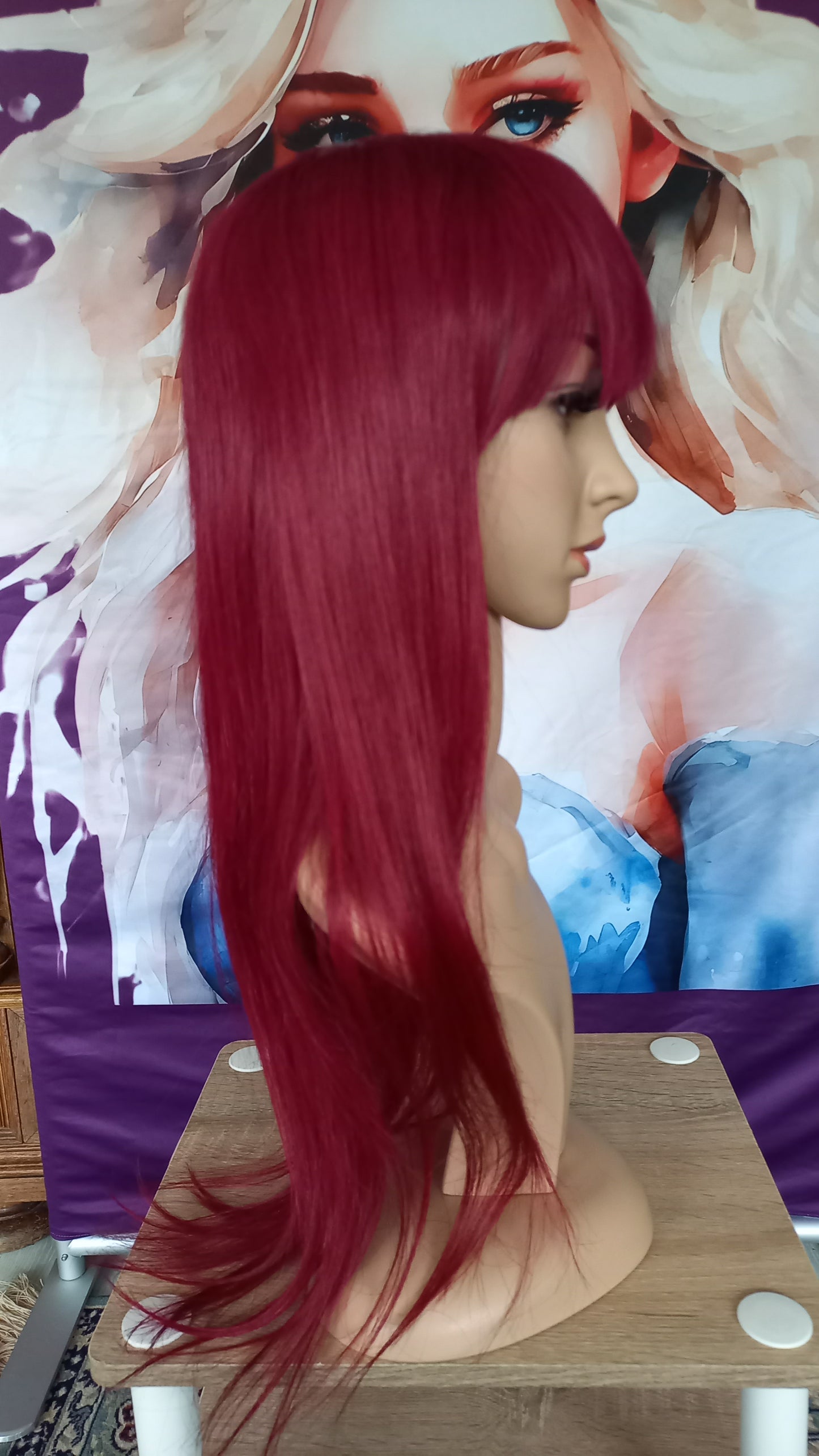 Lang Glatt Winerot Echthaarperücke mit Pony