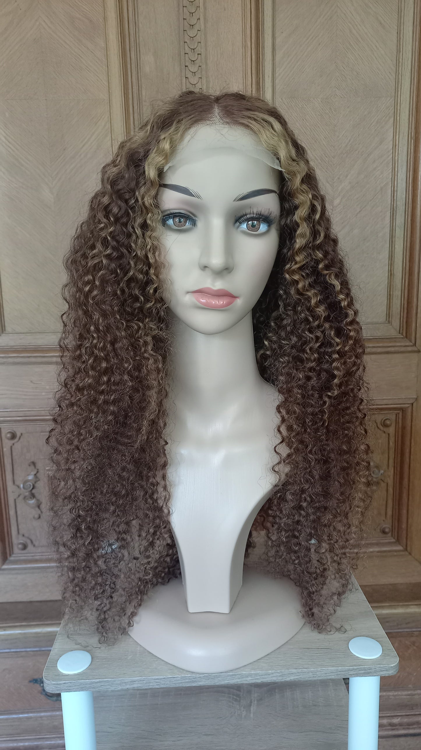 Kinky Lockiges Echthaarperücke Highlight Honig Blond Braun