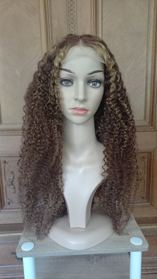 Kinky Lockiges Echthaarperücke Highlight Honig Blond Braun